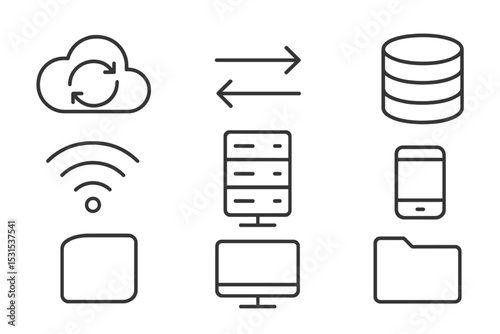 Data Sync Icons. Line style icons for data sync basics: cloud sync, two arrows, server, database, wifi signal, mobile device,