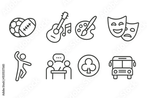 Extracurricular Icons. Line style icons for extracurricular activities: sports, music, art, theater, dance, debate, club, field