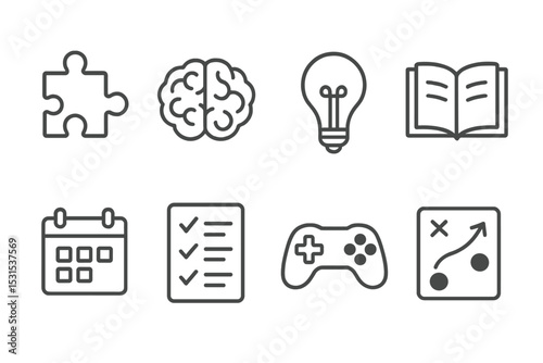 Mental Exercise Icons. Line style icons for mental exercises: puzzle piece, brain, light bulb, book, calendar, checklist, game