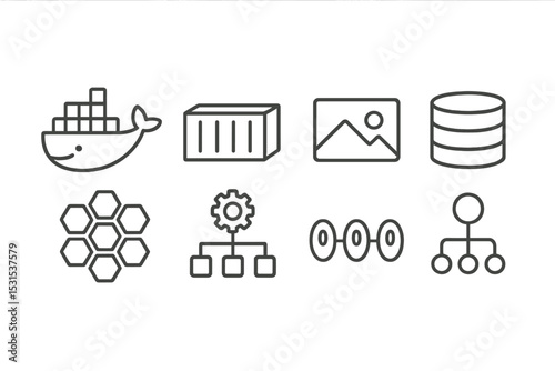Containerization Icons. Line style icons for containerization: docker whale, container, image, registry, cluster, orchestration,
