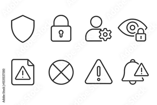 Safety and Privacy Icons. Line style icons for safety and privacy: shield, lock, user profile, privacy settings, report, block,
