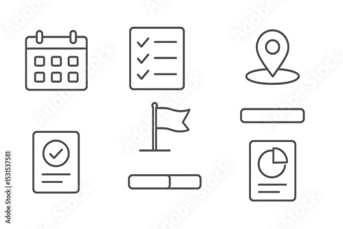 Project Management Icons. Line style icons for project management: calendar, checklist, gantt chart, milestone, task, priority