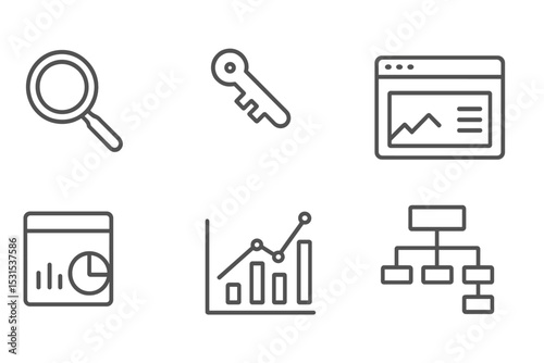 SEO Tool Icons. Line style icons for SEO tools: magnifying glass, keyword, ranking, website, analytics, graph, link building,