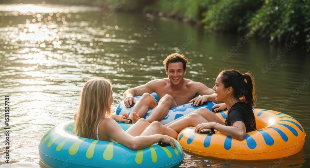 Obraz premium Young adults enjoying river tubing on a sunny day