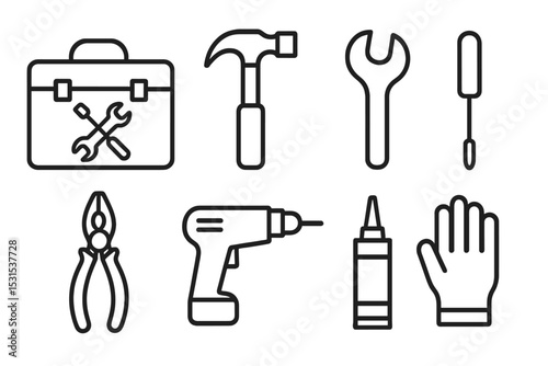 Tool Icons Collection. Line style icons of installation and repair: toolbox, hammer, wrench, screwdriver, pliers, drill, sealant
