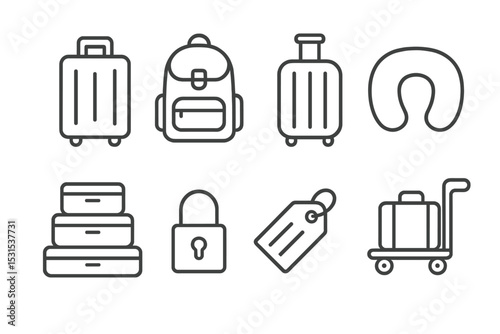 Line Style Luggage Icons. Line style icons of luggage and packing: suitcase, backpack, carry-on bag, travel pillow, packing cubes,