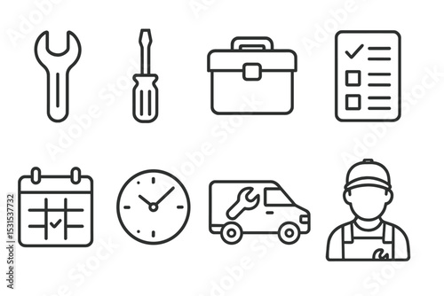 Repair Services Icons. Line style icons of repair services: wrench, screwdriver, toolbox, checklist, calendar, clock, service van,