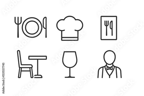 Restaurant Icon Set. Line style icons of restaurant basics: plate, fork and knife, chef hat, menu, table, chair, wine glass,