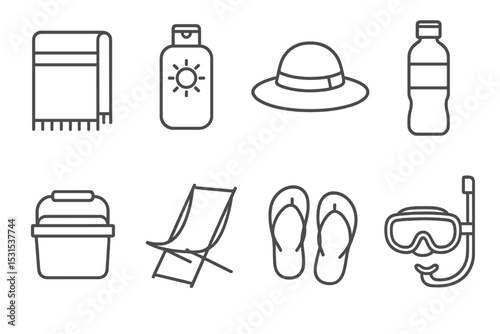 Beach Essentials Icons. Line style icons of beach essentials: towel, sunscreen, hat, water bottle, cooler, beach chair, sandals,