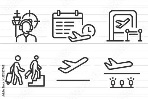Flight Operation Icons. Line style icons of flight operations: air traffic control, flight schedule, delay, gate, boarding,