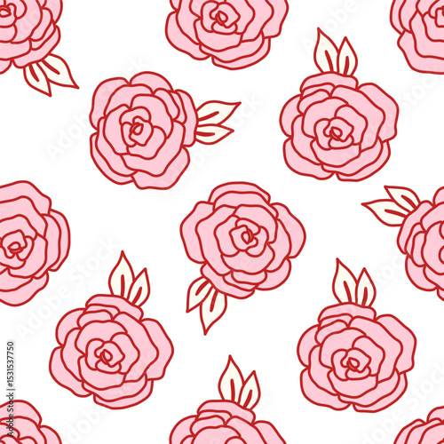 Coquette seamless pattern with red doodle roses on a white background. Romantic and cute floral design is perfect for Valentines Day, wrapping paper, fabric, scrapbooking, and girly digital projects.