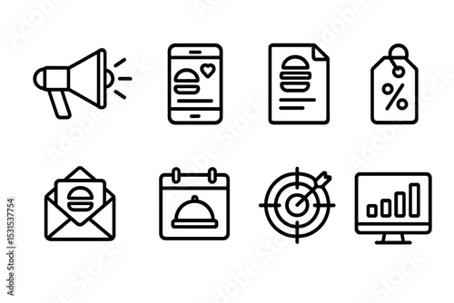 Restaurant Marketing Icons. Line style icons of restaurant marketing: megaphone, social media, flyer, discount tag, email campaign
