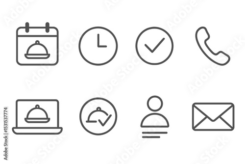 Restaurant Booking Icons. Line style icons of restaurant reservations and bookings: calendar, clock, checkmark, phone, online