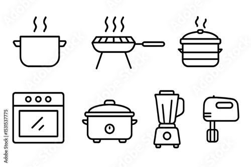 Cooking Method Icons. Line style icons of cooking methods: boiling pot, grill, frying pan, steaming basket, oven, slow cooker,