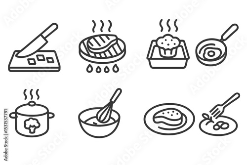 Culinary Technique Icons. Line style icons of culinary techniques: chopping, grilling, baking, frying, steaming, mixing, plating,
