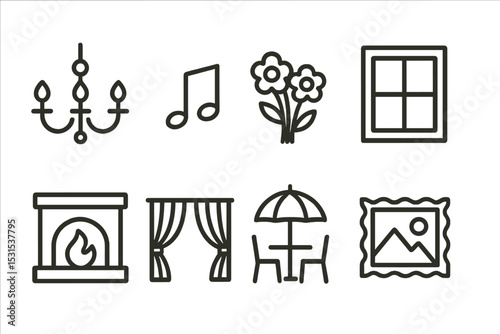 Restaurant Ambiance Icons. Line style icons of restaurant ambiance: chandelier, music note, flowers, window, fireplace, curtain,