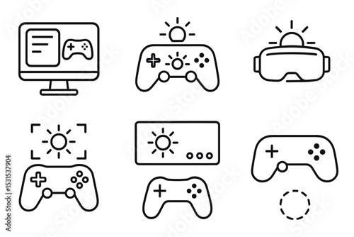 Light Mode Gaming Icons. Line style icons of light theme: game UI in light mode, joystick with daylight screen, HUD sun theme, VR