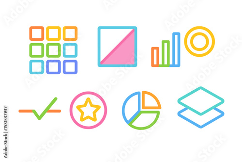 Vibrant Line Art Icons. Line style icons of bright colors: pop grid sample, tinted panel icon, color elevation bar, vibrant