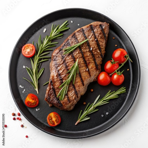Grilled Steak on Black Plate with Rosemary and Tomatoes, Food Photography, Overhead Shot steak recipe, food styling