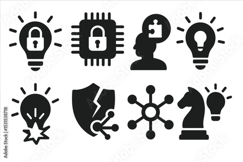 Cyber Security Icons. Solid style icons of cyber ideas: secure lightbulb, encrypted concept, problem solver, idea lock. Solid