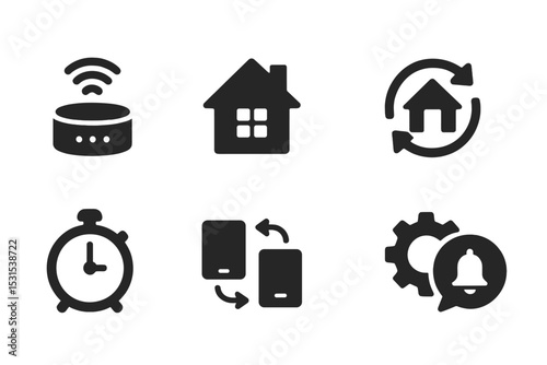 Smart Home Icons. Solid style icons of home automation: smart hub, connected home, automation loop, control panel. Solid style of