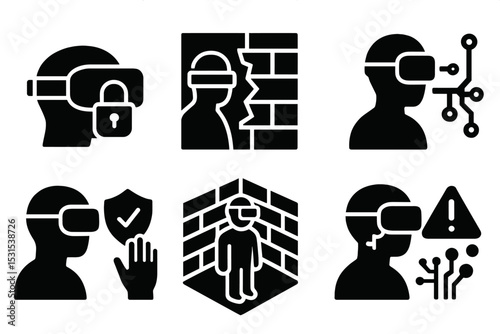 VR Security Tools Icons. Solid style icons of VR security tools: VR headset with lock, virtual breach training, cyber simulation,