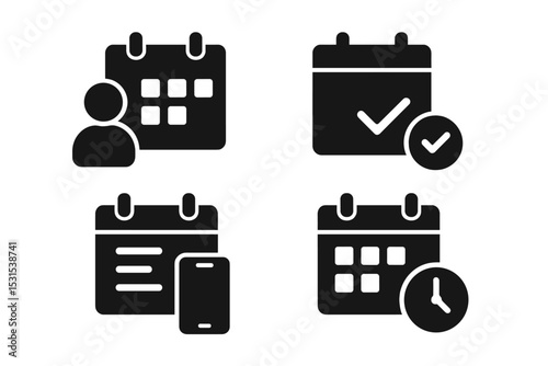 Solid Calendar Icons. Solid style icons of calendar-based control: daily routine, scheduled task, smart calendar, date planner.
