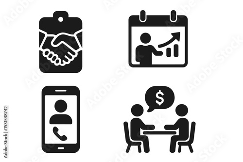Investor Meeting Icons. Solid style icons of investor meetings: handshake badge, calendar pitch, call screen, money talk. Solid