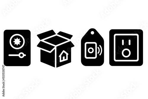Smart Home Icons. Solid style icons of smart home products: gadget icon, new device box, feature tag, hardware card. Solid style