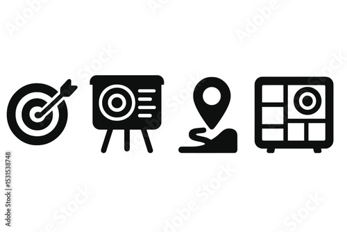Startup Goals Icons. Solid style icons of startup goals: target icon, KPI board, mission marker, milestone flag. Solid style of