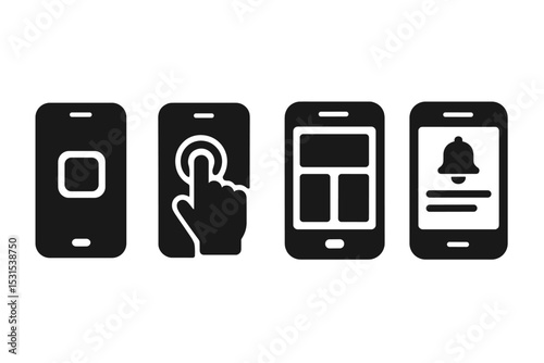 Mobile Tools Icons. Solid style icons of mobile tools: app icon, tap screen, layout view, quick action. Solid style of phone