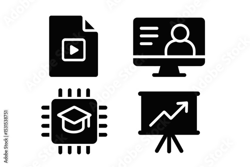 Startup Learning Icons. Solid style icons of startup learning: tutorial file, course panel, training chip, lesson board. Solid