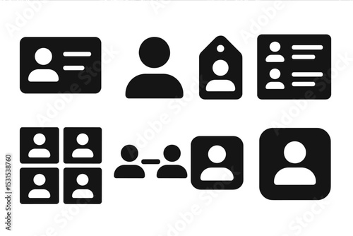 Solid Style Startup Icons. Solid style icons of startup profiles: founder card, user bio, talent tag, member list. Solid style of