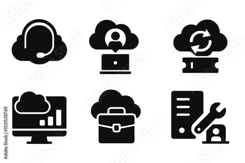 Cloud Support Icons. Solid style icons of cloud-based support: support cloud, remote help, data sync, cloud ticketing. Solid style