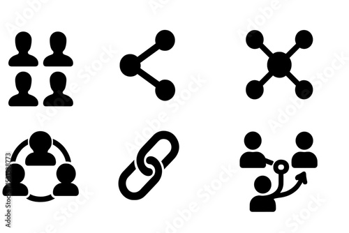 Solid Startup Icons. Solid style icons of startup networks: people grid, share node, startup mesh, collab board. Solid style of