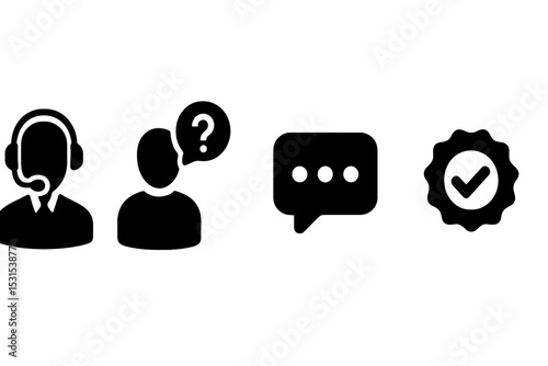 Support Interaction Icons. Solid style icons of support interactions: support agent, user request, chat popup, resolution badge.