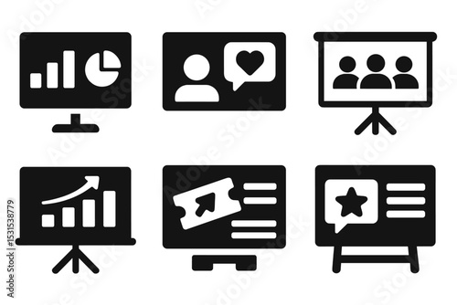Solid Support Icons. Solid style icons of support presentations: report slide, feedback deck, meeting screen, visual topic. Solid