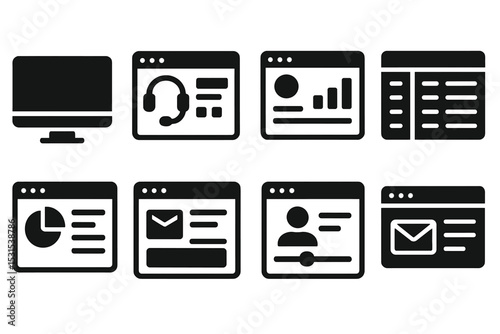 Desktop Support Icons. Solid style icons of desktop tools for support: monitor screen, helpdesk UI, desktop dashboard, ticket grid