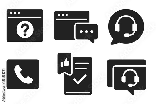 Solid UX Support Icons. Solid style icons of UX support: help center UI, live chat tab, support message, quick guide. Solid style