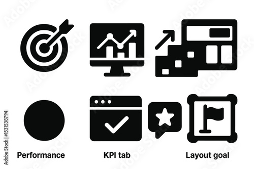 UX Goals Icons. Solid style icons of UX goals: UX target, usability chart, progress steps, layout goal. Solid style of performance