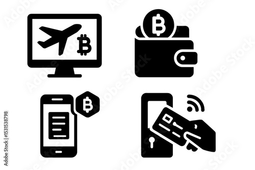 Crypto Travel Icons. Solid style icons of travel crypto tools: crypto booking, wallet icon, token pay, digital check-in. Solid
