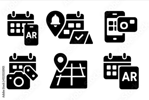 AR Scheduling Icons. Solid style icons of AR scheduling: augmented schedule, real-world reminder, task overlay, scan calendar.