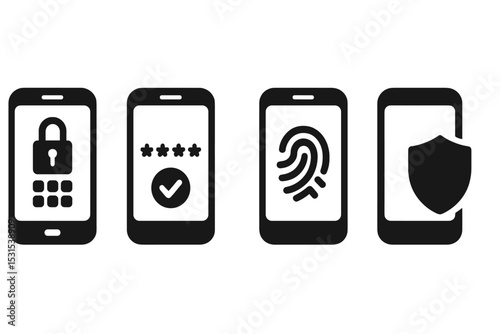 Phone Lock Icons. Solid style icons of phone lock: keypad lock icon, password entry on phone, biometric screen lock, shielded