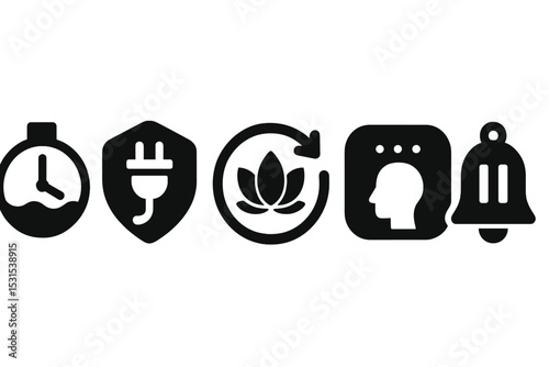 Mindful Break Icons. Solid style icons of mindful break reminders: soft wave timer icon, unplug session badge, focus refresh