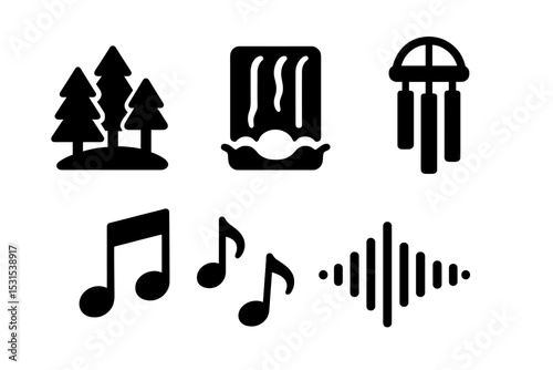 Calming Sound Icons. Solid style icons of calming sounds: forest ambiance icon, waterfall sound symbol, wind chimes badge, soft