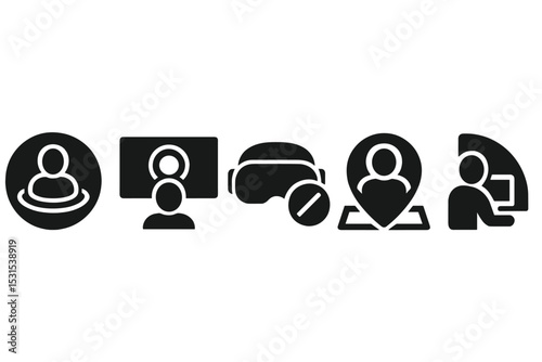 Virtual Focus Icons. Solid style icons of virtual focus environments: digital immersion badge, VR screen with attention ring,