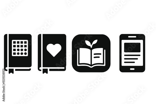 Solid Journal Icons. Solid style icons of journaling tool: journal with habit tracker, mood journal with heart, journal with list
