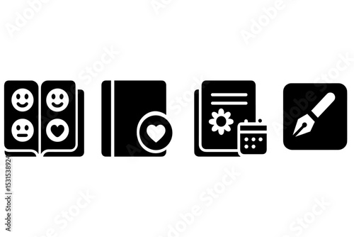 Journaling Tool Icons. Solid style icons of journaling tool: mood tracker journal, journal with heart badge, gratitude log,