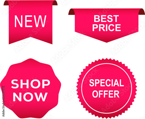 Red Starburst and Sunburst Badge Set – Vintage Vector Labels, Stickers, Tags with Sale, Discount, and Quality Text for Shopping, Marketing, and Banner Design