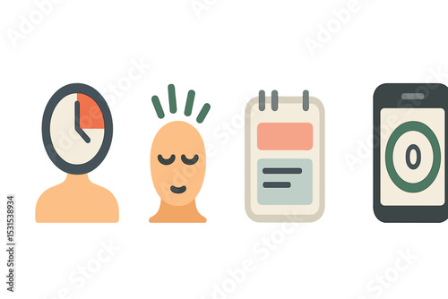 Mindful Time Management Icons. Solid style icons of mindful time management: balance dial with clock, user with timer ring, calm